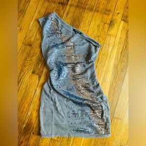 WOW couture One-Shoulder Gray Dress with Blue and Silver Embellishment